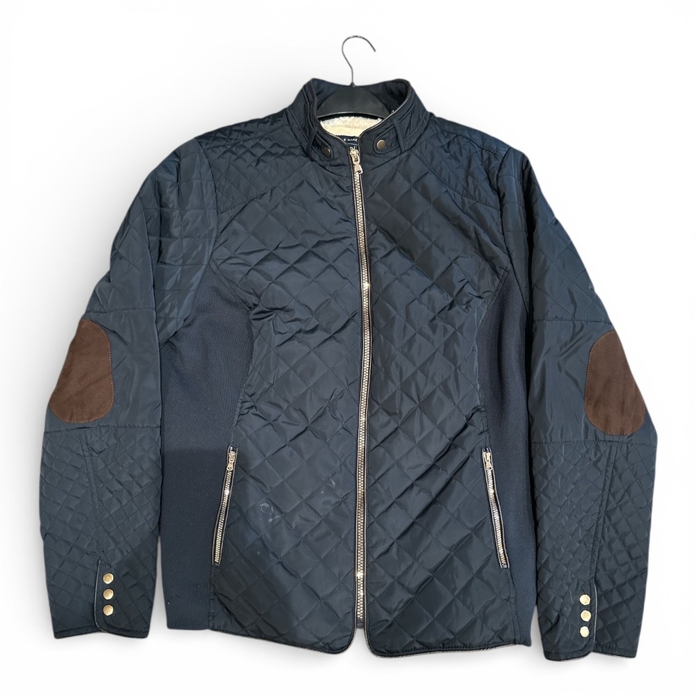 Quilted Moto Jacket Sherpa Lined Y2K Equestrian Elbow Patch Navy 1X Cavalini
